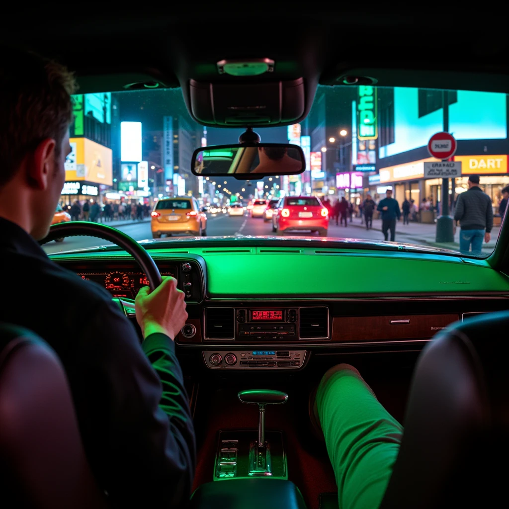  UHD photos from the photographer's eyes ,   sitting in the car  ( Caddilac Seville V ), shake their masculine hands holding the wheel, neon green dashboard ( Caddilac Seville V ), Driving down the street, new york 2000x , neon lights and advertising ,bright lights ,  different pedestrians walk along the sidewalk on the right ,maximum quality ,evening,