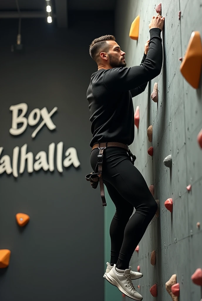 standing in front of a rock climbing wall, NikoVangelis, slight smile, wearing (tank top), gym shorts, climbing shoes, holding rope, wearing ((climbing harness)), climbing rope, ((safety helmet)), (((full body portrait))), wide angle <lora:NikoVangelis:0.75>