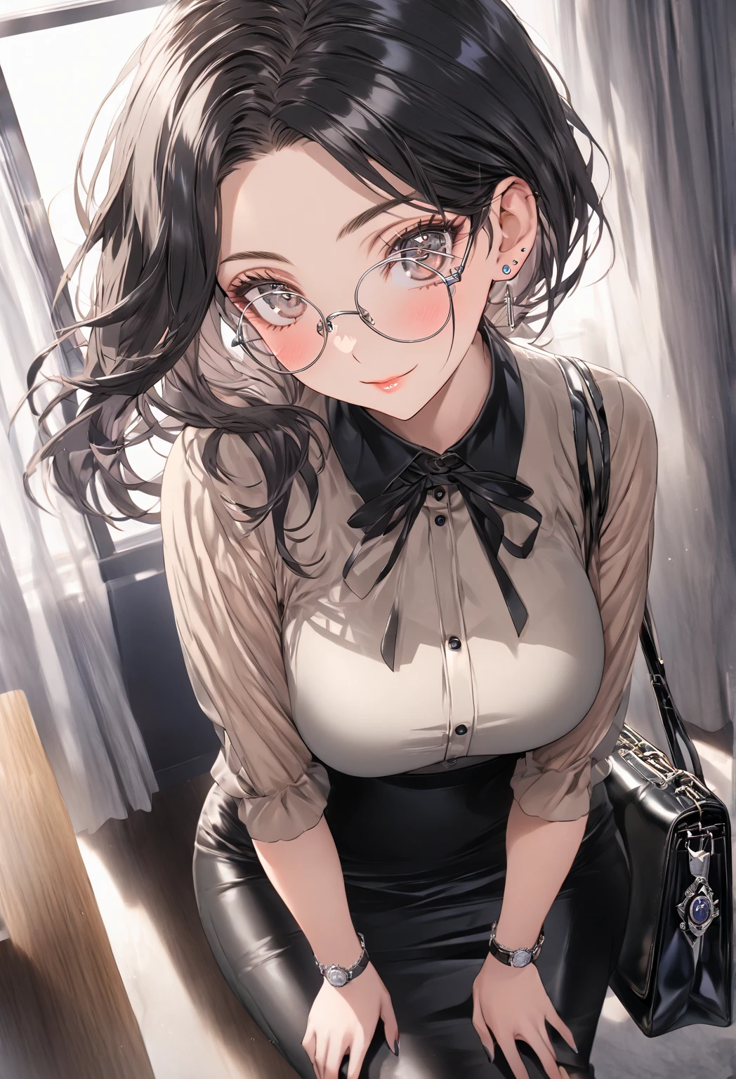 ((highest quality)), ((masterpiece)), (detailed), (front view), (one girl), sexy, shiny skin, glossy skin, height 168cm, bust 120cm, medium size breast, hourglass body, housewife, black hair parted bangs, A mother with warm eyes, Wearing round glasses, Looking at viewer with gentle eyes, Dressed in a fitted, tailored beige blouse with a structured collar, paired with a high-waisted charcoal gray pencil skirt. She wears classic pointed-toe heels in black leather and a tailored gray blazer. Accessories include a minimalist leather handbag, stud earrings, and a silver watch. The fabric is slightly translucent in the sunlight.