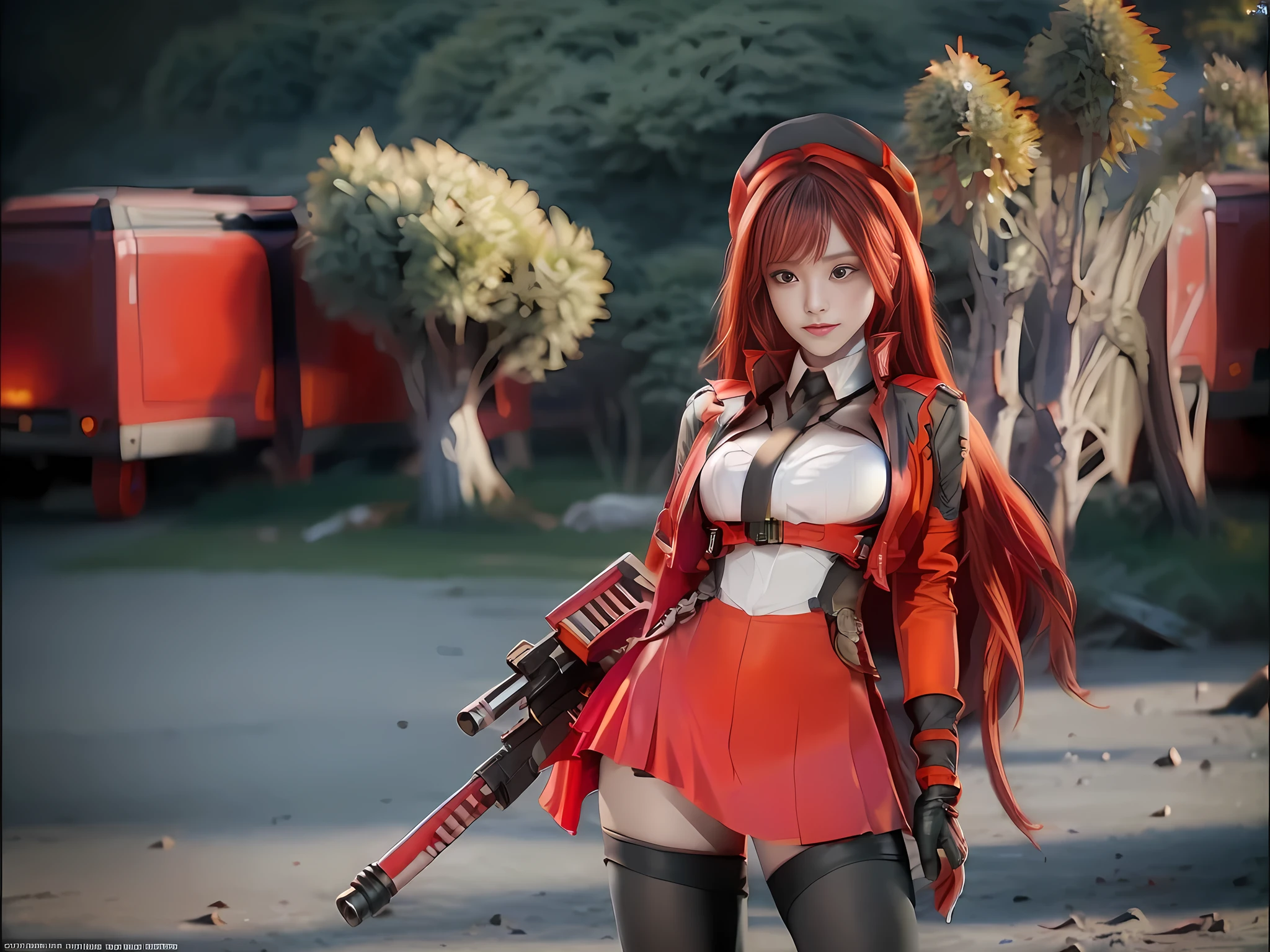 ((Best quality)), ((masterpiece)), (detailed:1.4), 3D, an image of a beautiful cyberpunk female, long burning red hair, burning hair, Red eyes, Black Barret Hat, Red Soldier Shirt, White undercloth, black panty, black skirt, black thick boot, long black kneesock, Grenade belt, Big chest, Big thigh, High thigh black knee sock, full view of girl, battlefield background, black combat boot, red necktie, black glove, black combat suit, black jacket, black cloak, black panty, ammo belt, HDR (High Dynamic Range),Ray Tracing,NVIDIA RTX,Super-Resolution,Unreal 5,Subsurface scattering,PBR Texturing,Post-processing,Anisotropic Filtering,Depth-of-field,Maximum clarity and sharpness,Multi-layered textures,Albedo and Specular maps,Surface shading,Accurate simulation of light-material interaction,Perfect proportions,Octane Render,Two-tone lighting,Wide aperture,Low ISO,White balance,Rule of thirds,8K RAW,