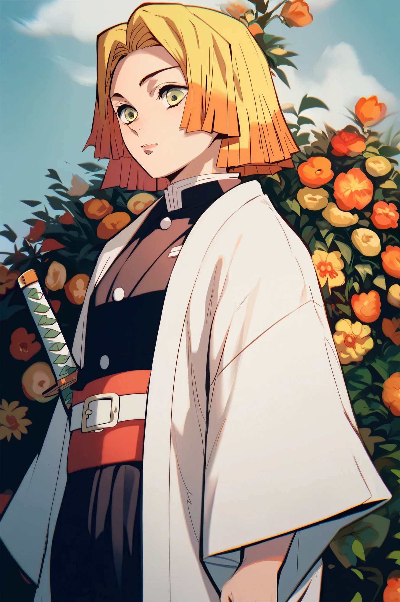 score_9, score_8_up, score_7_up, score_6_up, masterpiece, best quality, genderbent Zenitsu, 1girl, blonde hair with orange tips, hime cut, parted bangs, black shirt, black pants, white belt, open kimono, yellow kimono, white triangle design on kimono, thin Katana, sheathed, demon slayer outfit, demon slayer artstyle, lovely,