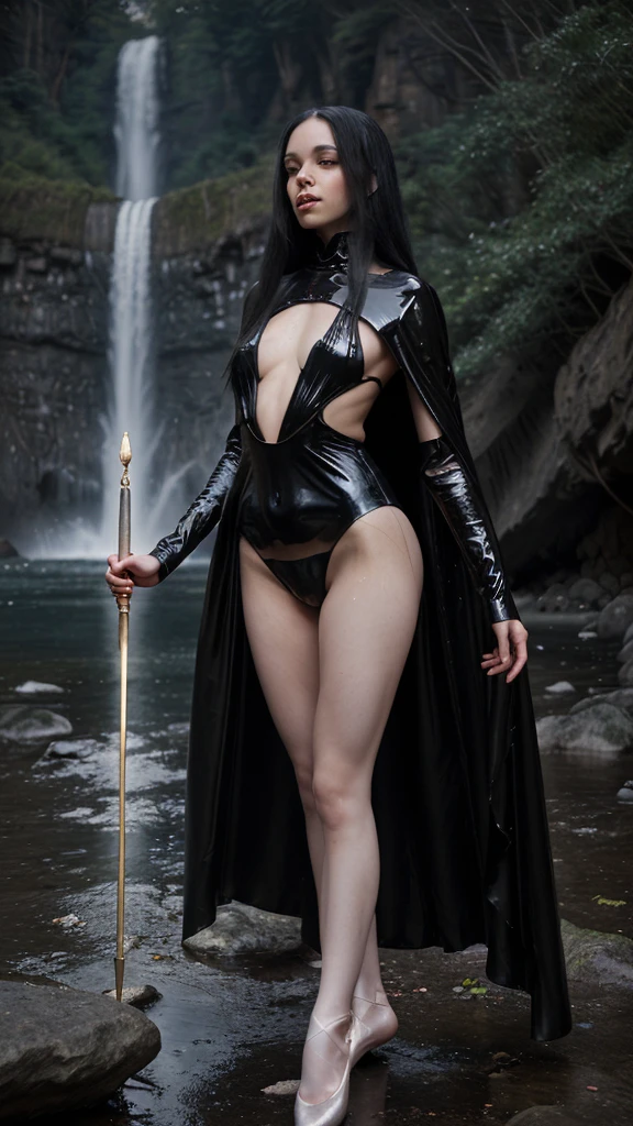 (RAW Photos), (Realistic), (Photorealistic), Ultra-high resolution, masterpiece, Highest quality, Perfect lighting, Detailed lighting, Dramatic Shadows, Ray Tracing, 1 Korean Beautiful woman, cute face, Sensual, ((Small beautiful breasts:1.5)), ((Voluptuous body:1.2)), Curvaceous hips, Beautiful and delicate brown eyes, Red lips, Big Thick thighs, Abs, muscle, ((Long straight Hair:1.35)), Black Hair, Mouth half open, looking at viewer, (((Wearing a bikini armor))), ((cloak:1.2)), whole body, in the caves,