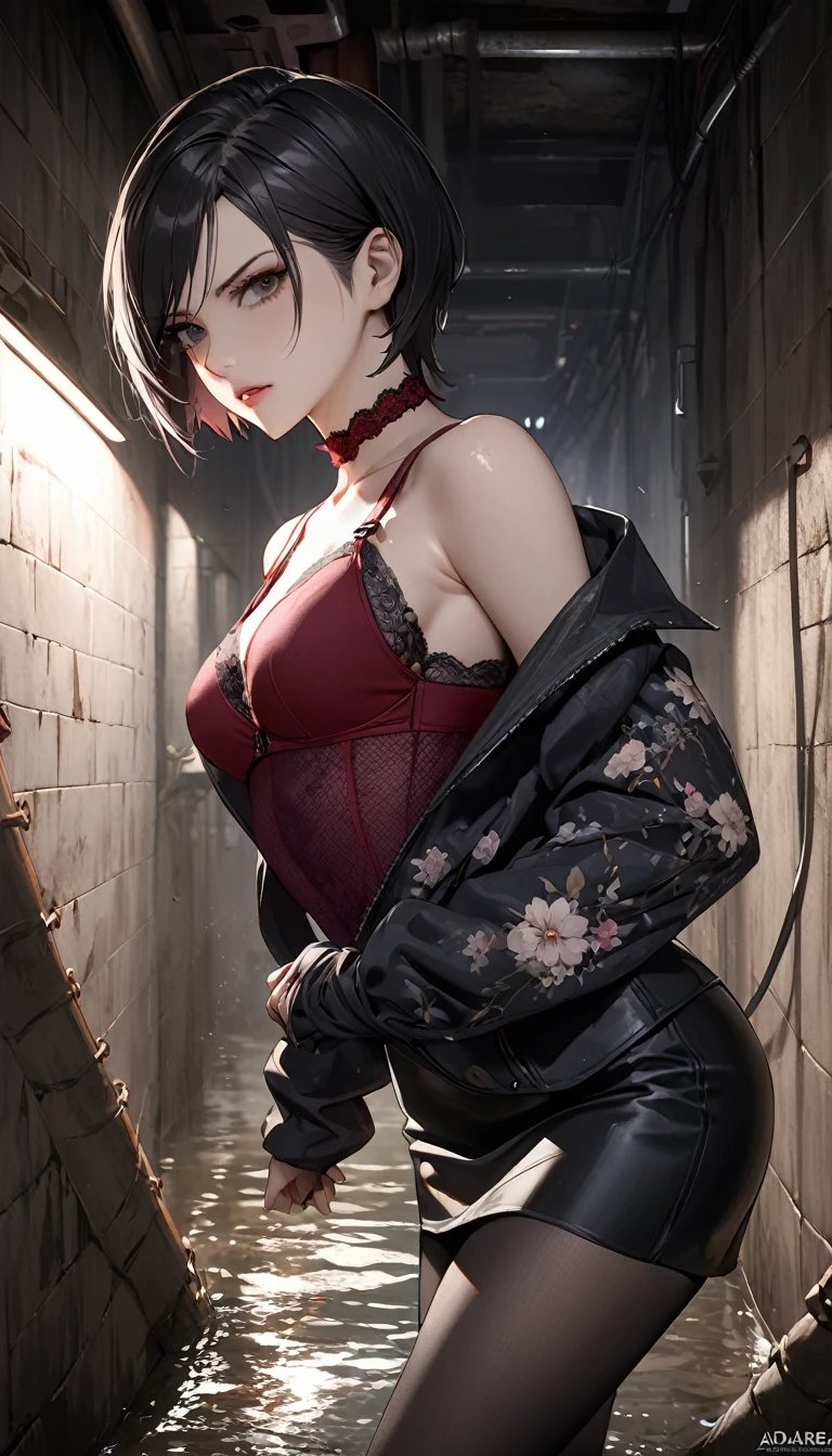 ((  Masterpiece  )), (familiar), precise, eyelash , (Resident Evil), (Ada wong), bare, ร่างbare, background, Sewer  , Short hair, Black hair, Gray eyes,  Medium Breasts ,  Black Tight Mini Skirt, Black Floral Long Sleeve Outerwear , Red bra