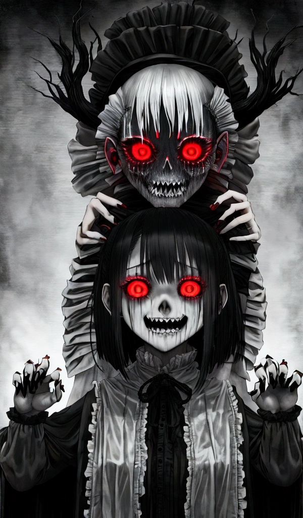 Dark Plush Puppet, revealing a manic ocular aberration, with sewn human arms, human tentacles and bones, sharp teeth and fangs emerging from the eyelids. This being is chained in an oppressive and mysterious environment in the royal castle'Dungeonpunk., displaying an expression of pure madness and insanity. The gloomy atmosphere is accentuated by creaking chains and disturbing echoes.., creating a scenario where the disturbing creature stands out. intricate details, like deep shadows and distorted reflections, are intensified at 8k, providing ultra HD quality that highlights every macabre seam and every shadowy texture, imergindo o espectador na dualidade perturbadora da cena e no ambiente horrível da Dungeonpunk.