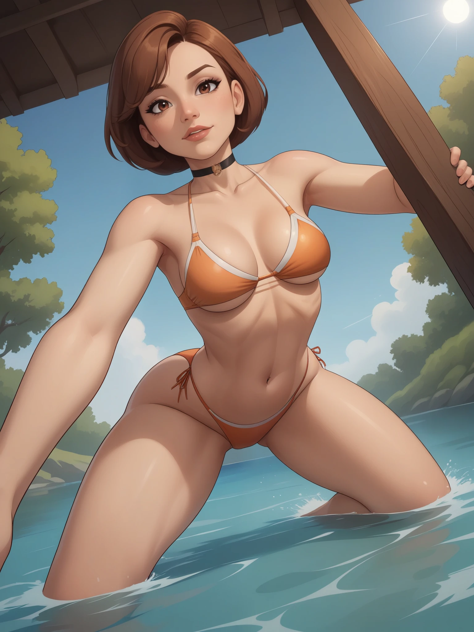 account_9, account_8_ex, account_7_ex, account_6_ex, account_5_ex, account_4_ex. Helen Parr. narrow waist. small saggy breasts. huge hips and buttocks. brown hair. brown eyes. the middle square. choker. swimsuit. river.  bottom view. face dawn ass up