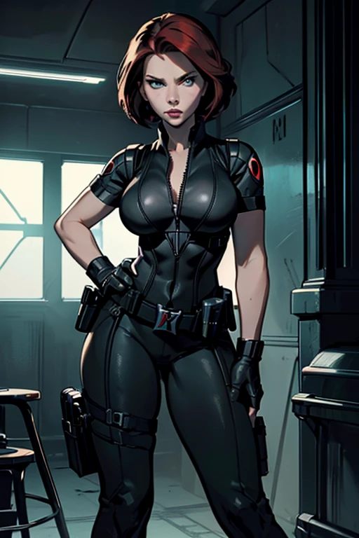 Scarlett Johansson as Black Widow, ((Masterpiece)); ((Natural Beauty)); ((Ultrarealistic green eyes)); beautiful detailed eyes, beautiful detailed lips: both eyes are similar; thick eyelashes; ((Ultrarealistic fair white skin)); ((Round boobs)); Deep Cleavage; pokies; ((Ultrarealistic red short classic bob haircut hairstyle)); ((Ultrarealistic round Asscheeks)); slim waist; ((Ultrarealistic widow bite black gloves)); ((Ultrarealistic black widow utility belt)); black and red tactical vest; Bright Red stripe accents on the side of the suit; Short sleeve; looking at the viewer;  
She stands with her feet shoulder-width apart, one hand on her hip and the other resting on a weapon holstered at her side. Her short hair is slicked back, and she has an intense, intimidating stare that shows she means business. "Dramatic lighting, cinematic composition"