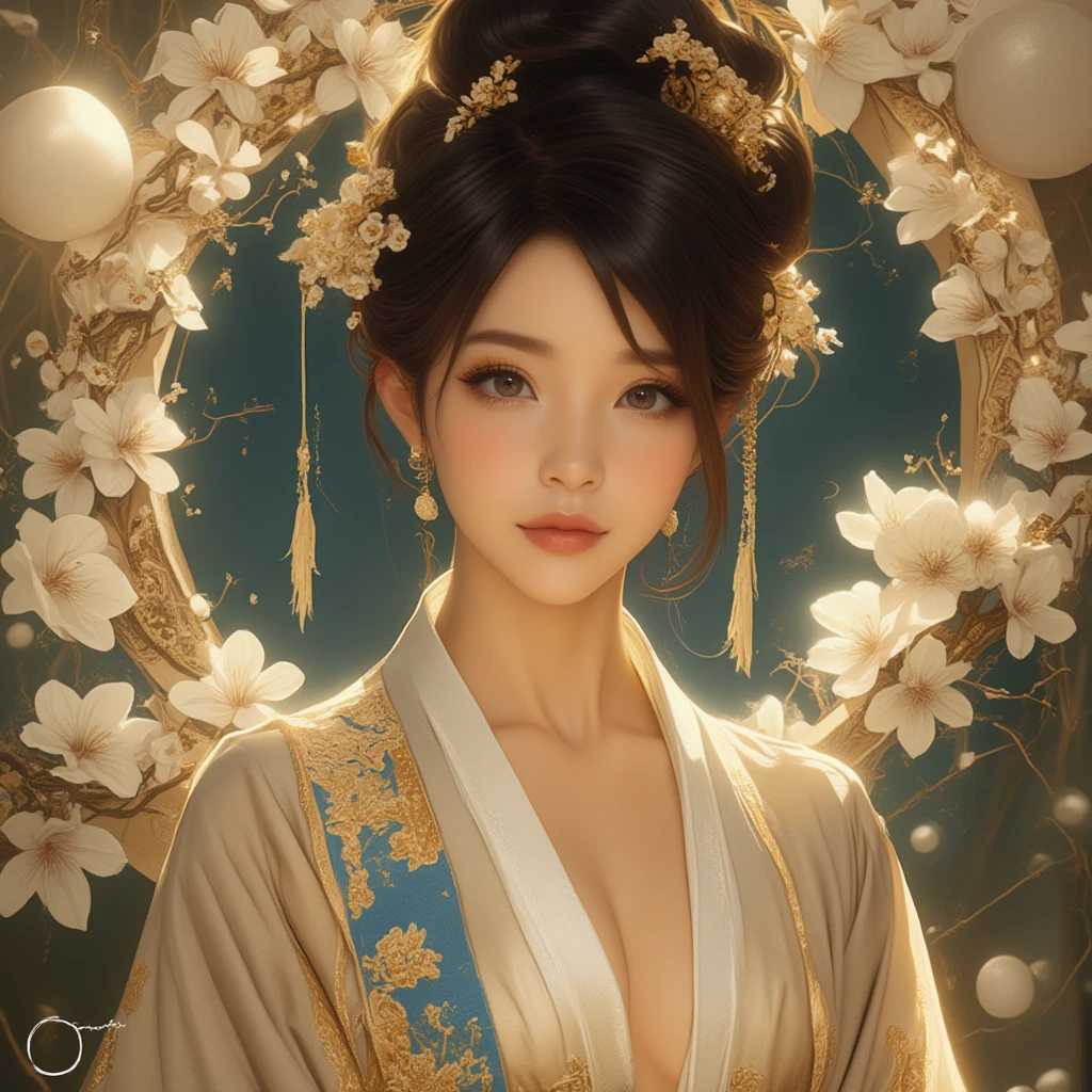 A portrait of an East Asian woman dressed in an elegant kimono, standing gracefully among blooming branches adorned with large, white flowers. The kimono she wears is richly decorated with intricate floral patterns in shades of gold, blue, and white, exuding a sense of traditional Japanese elegance. The fabric shimmers slightly, giving the impression of fine silk. The obi (sash) is tied securely, adding a sense of structure and harmony to her attire, with cords and decorative knots subtly accenting the ensemble. Her dark hair is styled into a voluminous updo, adorned with delicate golden hairpins and ornaments in the shape of flowers and flowing tassels, which emphasize her noble presence.

Her gaze is soft yet captivating, with eyes that hint at both mystery and serenity, framed by long, dark lashes. Her complexion is fair, with a gentle blush on her cheeks, and her lips are painted a soft, natural shade. The lighting in the scene is warm, creating a harmonious balance between her features, her attire, and the background, highlighting the details of her traditional outfit.

In the background, branches filled with blossoming flowers arch gracefully around her, creating an almost frame-like effect. The flowers are in full bloom, their petals delicately unfurling, with a few blossoms seemingly catching the golden light. Additionally, floating spheres resembling full moons add an ethereal, dream-like atmosphere to the scene, giving it an otherworldly feel. The overall color palette is composed of warm golds, soft creams, and deep blues, giving the portrait a timeless, serene quality.

The prompt should focus on the intricate details of the kimono, the elaborate hair accessories, the soft and gentle expression of the woman, and the peaceful atmosphere created by the background elements. This scene should evoke a sense of grace, tradition, and an ethereal connection to nature, with the gentle interplay of light and floral motifs emphasizing her beauty