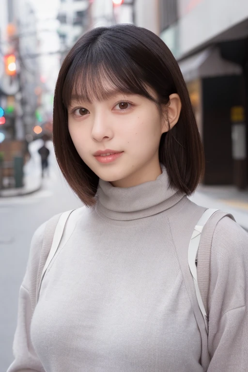 (masterpiece, best quality, perfect anatomy, highres, 8k, realistic, photorealistic:1.2), 1girl, solo, Japanese, age20, jp idol, (large breasts:1.2), perfect figure, looking at viewer, Thin Turtle Neck Knit, Grey Setup, in Tokyo down town, natural lighting, portrait