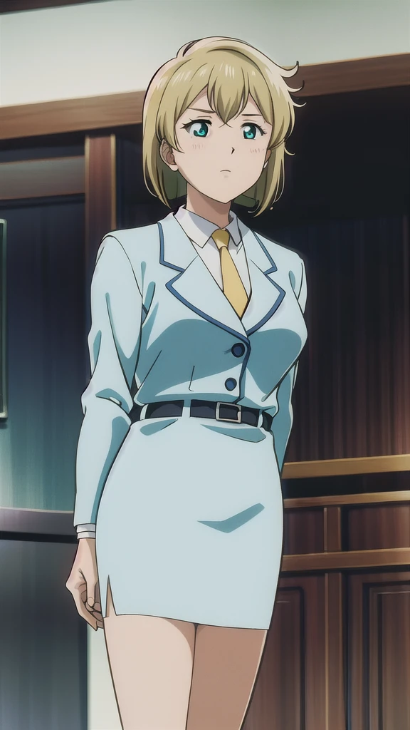  Nagumo Chiaki 、OL,2０age、woman、Blonde、 bob cut from the front、Green Eyes，悲しいface， Full Body Style 、 normal breasts、 narrow waist 、Bare legs、In a suit、 blue jacket ,襟付きshirt, shirt, yellow tie ,belt,,  Blue Mini Pencil Skirt, black tights，White pumps，My legs are slightly flabby， OFFICIAL ART, Extremely Fine CG Unity 8k Wallpaper ,  full light, colorful , bright _ Front_face_ Lighting,  shiny skin, ( masterpiece:1.0),(Highest_quality:1.0), 超 Hi-Res,4K,Ultra-detailed, photo shoot, 8k,  Hi-Res,  Hi-Res,  absurd:1.2,  Kodak Portra 400, film grain,  blurry background, Bokeh:1.2,  lens flare , ( lively_ color:1.2), Professional photography,Anime Images、