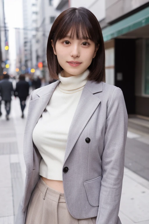 (masterpiece, best quality, perfect anatomy, highres, 8k, realistic, photorealistic:1.2), 1girl, solo, Japanese, age20, jp idol, (large breasts:1.2), perfect figure, looking at viewer, (Thin turtle neck knit underneath), grey suit, in Tokyo down town, natural lighting, portrait