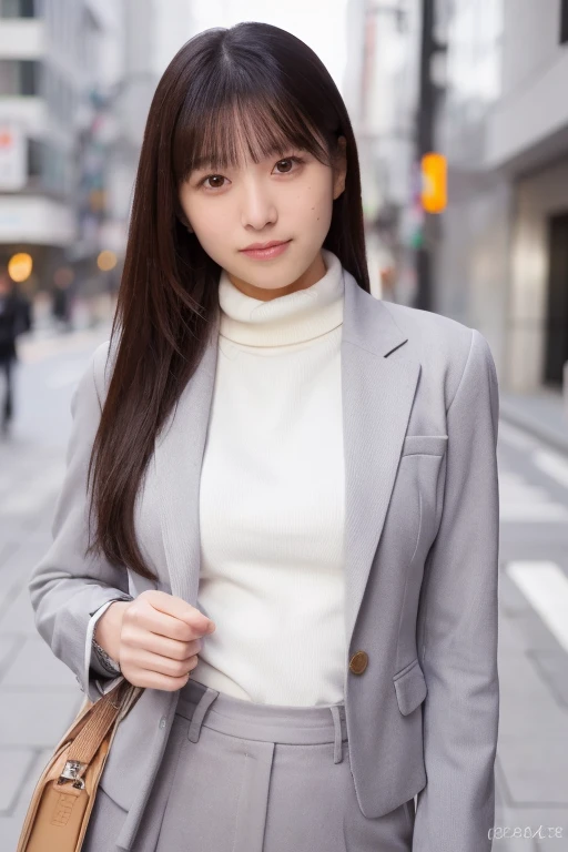 (masterpiece, best quality, perfect anatomy, highres, 8k, realistic, photorealistic:1.2), 1girl, solo, Japanese, age20, jp idol, (large breasts:1.2), perfect figure, looking at viewer, (Thin turtle neck knit underneath), grey suit, in Tokyo down town, natural lighting, portrait