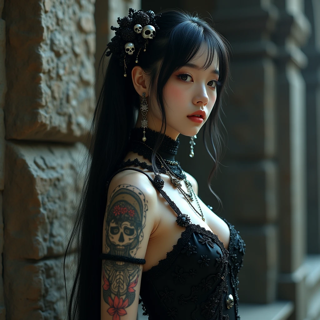 Highest quality、8k、masterpiece：1.3、Gothic Punk、The inner color is red、Gray Black Hair、hair ornaments、beautiful girl、creative、Punk Shirt、Neogoth、Goth Fashion：1.2、High resolution、masterpiece、Highest quality、頭w:1.3、((Hasselblad Photos))、Fine skin、Sharp focus、(Cinema Lighting)、Explore Tokyo&#39;The city at night beyond the neon lights, Forehead open, 17 years old、Petting&#39;Hair back、Shoulder Bare、Small red rose tattoo on the décolletage、Just one tattoo