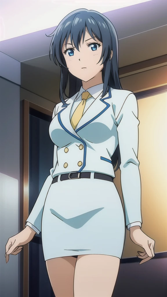 Aya 、、 girl、 black hair、Long Hair、、Blue Eyes，悲しいface， Full Body Style 、 normal breasts、 narrow waist 、Bare legs、In a suit、 blue jacket ,襟付きshirt, shirt, yellow tie ,belt, Blue Mini Pencil Skirt, black tights，White pumps， OFFICIAL ART, Extremely Fine CG Unity 8k Wallpaper ,  full light, colorful , bright _ Front_face_ Lighting,  shiny skin, ( masterpiece:1.0),(Highest_quality:1.0), 超 Hi-Res,4K,Ultra-detailed, photo shoot, 8k,  Hi-Res,  Hi-Res,  absurd:1.2,  Kodak Portra 400, film grain,  blurry background, Bokeh:1.2,  lens flare , ( lively_ color:1.2), Professional photography,Anime Images、