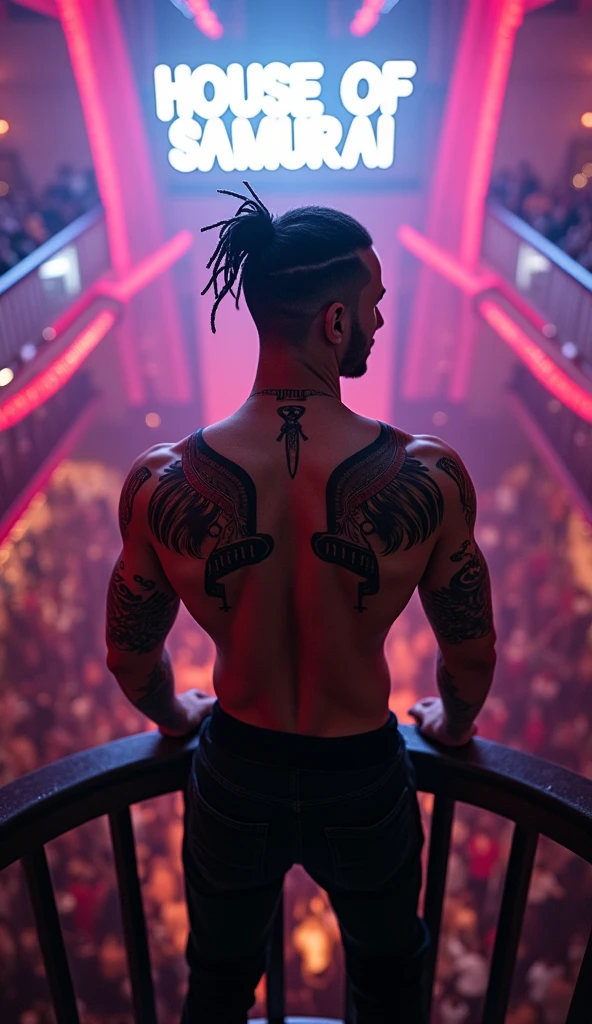 Tall Muscular man inside a nightclub standing on a balcony over looking the crowd of attractive smartly dressed men and women dancing together, with a large light up sign above the DJ which reads 
“HøusE Øf Samurai” in lighten up white bold text. Surrounded by rgb lighting shining down onto the crowd of people. 

The man is facing away from the viewer, and his topless muscular back is facing us, as he is leaned over the balcony railing with a small whisky glass in his hand. On the top of his shoulders are the words “MERCENARY FOR THE HIGHEST BIDDER” tattooed around his shoulders in an arch shape, with some large devil wings tattooed across the entire rest of his back in black ink. He also has the entirety of both his arms covered in detailed black and grey tattoos also, with “-IIII- II” tattooed on the side of his neck as he looks over his muscular shoulder with a flirtatious smile on his face. 

The man is mixed raced and is half black and half white, and is from america, he has tied up dreads with the sides of his head completely shaved. As he looks vack over his muscular shoulder, which reveals a small dagger tattoo to be seen down the side of his face, with the number “18” also tattooed in very small text just under his left eye. Clean shaven. 

The man is shirtless and is wearing tight black jeans, a black leather belt, and some black on black nike shoes, with the mans black button up shirt being laid over the balcony railing beside him. 

Anatomically Correct, Best Quality, Super Detailed, Textured Skin, High Quality, High Resolution, Ultra-Wide Angle, Glowing Light, Realism, Hard Shadows. 