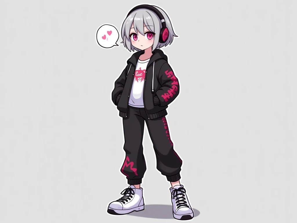 1 girl, alone, short hair, two bun hair, shorts, sitting in a chair, white background, Jacket, shoes下, shoes, looking at the viewer, head tilt, sneakers,simple background, full body, white shoes下, belt, pink Jacket, gray hair, nail, shirt, purple eyes, 白いshoes, hair ornaments, closed mouth,long sleeve, nail polish, hoodie,