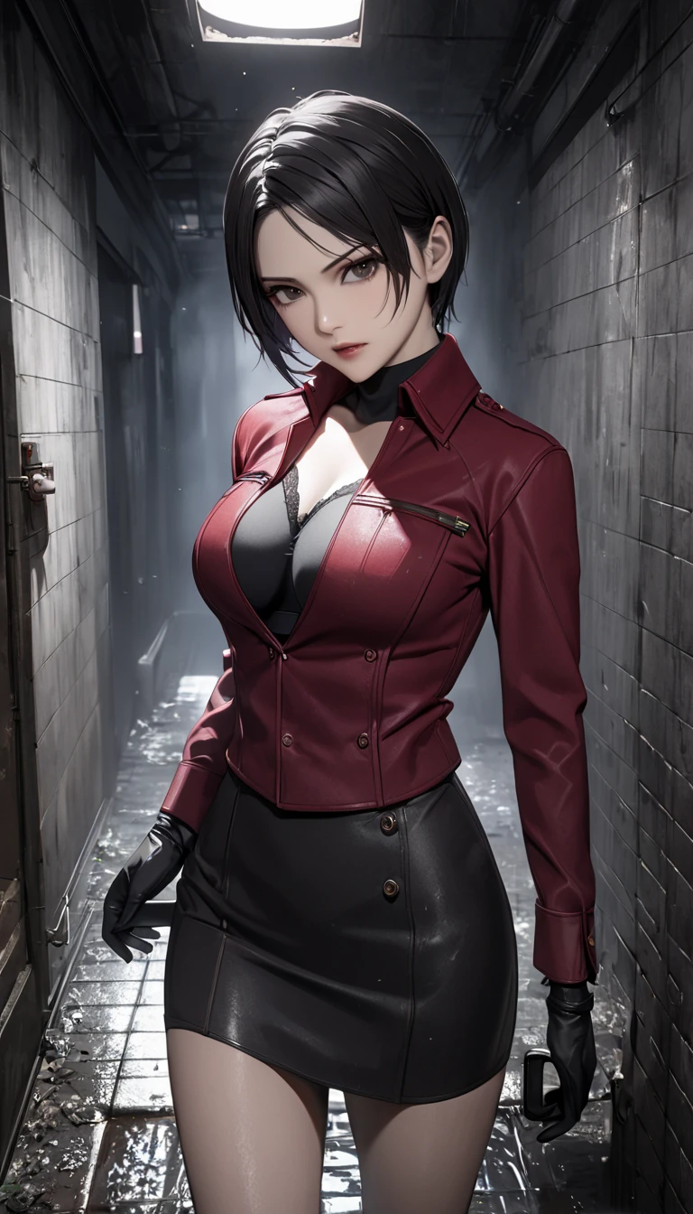 ((  Masterpiece  )), (familiar), precise, eyelash , (Resident Evil), (Ada wong), bare, ร่างbare, background, Sewer  , Short hair, Black hair, Gray eyes,  Medium Breasts ,  Black Tight Mini Skirt, Red long-sleeved jacket, Black bra