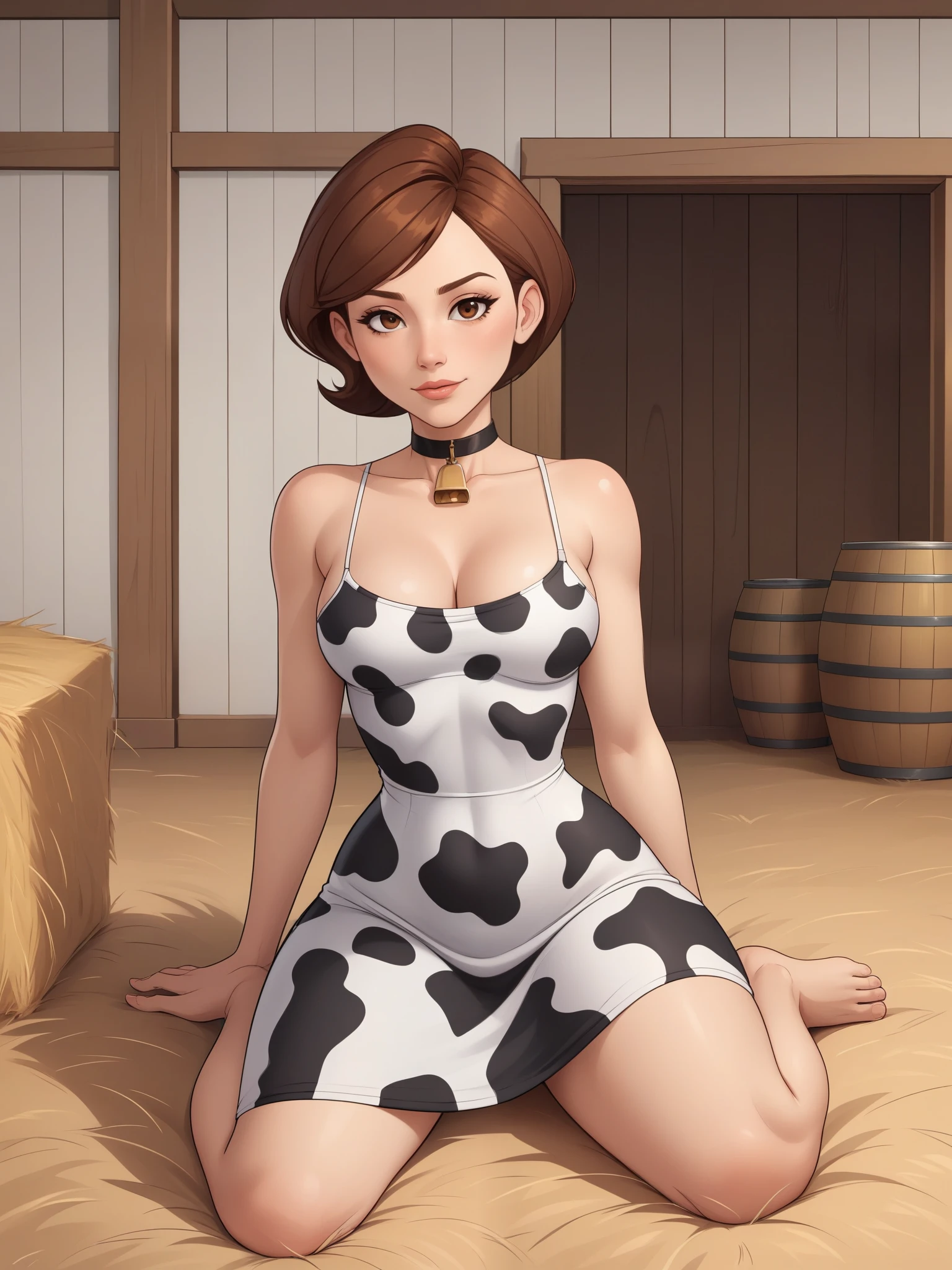 account_9, account_8_ex, account_7_ex, account_6_ex, account_5_ex, account_4_ex. Helen Parr. narrow waist. small saggy breasts. huge hips and buttocks. brown hair. brown eyes. the middle square. choker. swimsuit. cow dress. farm. bales of hay. sitting