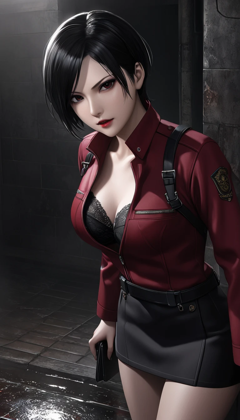 ((  Masterpiece  )), (familiar), precise, eyelash , (Resident Evil), (Ada wong), bare, ร่างbare, background, Sewer  , Short hair, Black hair, Gray eyes, Black pupil,  Medium Breasts ,  Black Tight Mini Skirt, Red long-sleeved jacket, Black bra