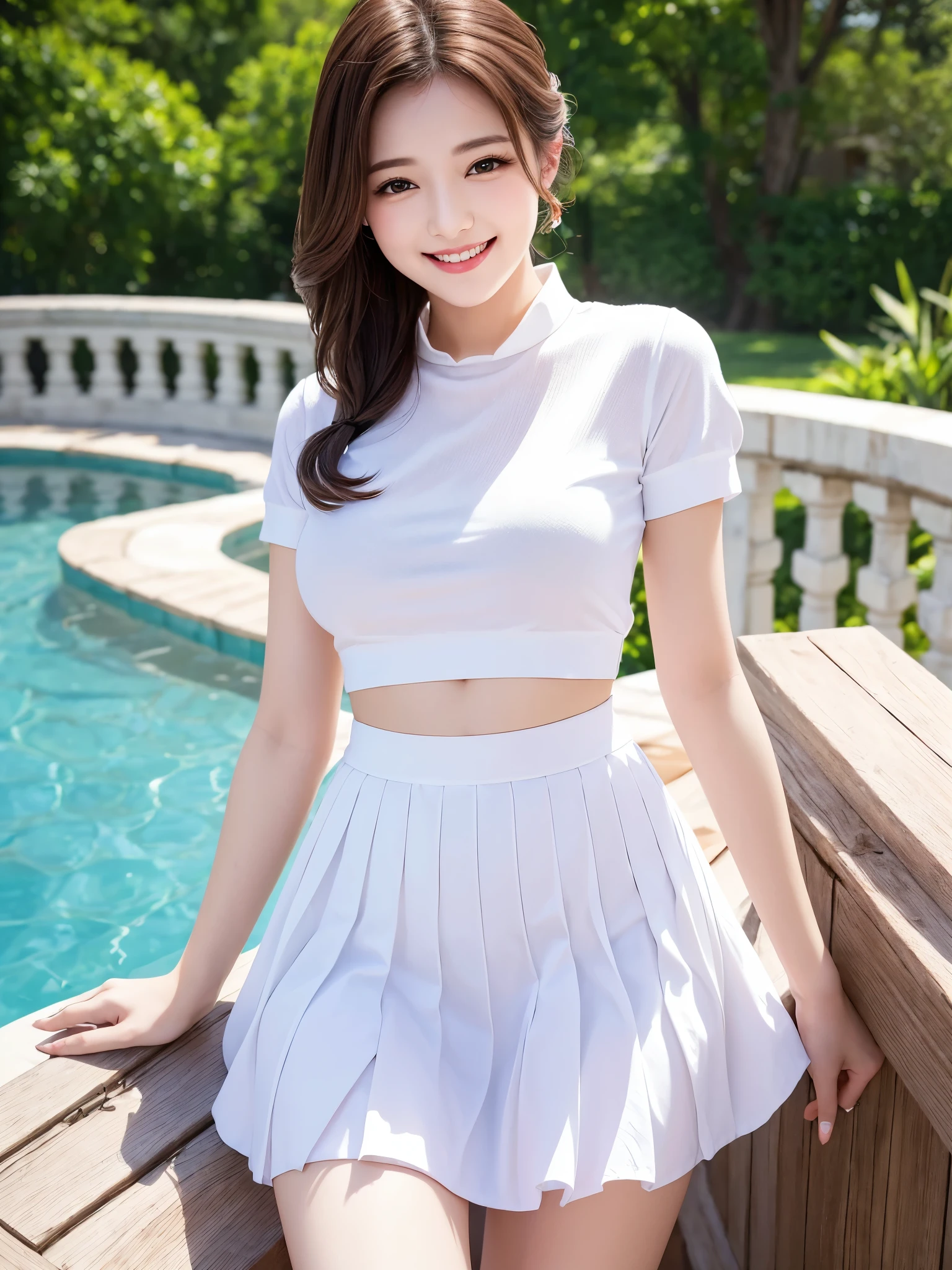 (Ultra HD), (Sailor suit, Navy blue mini skirt), Big Breasts, slender, whole body, Standing posture, (Clean and shiny skin, Whitening, No makeup), (Super slim face, Super beautiful face), (Light Brown Ponytail, Layered Cut, Fluffy hair), (double eyelid, Slanted Eyes), Small Nose, Thin lips, Thin legs, school gate
