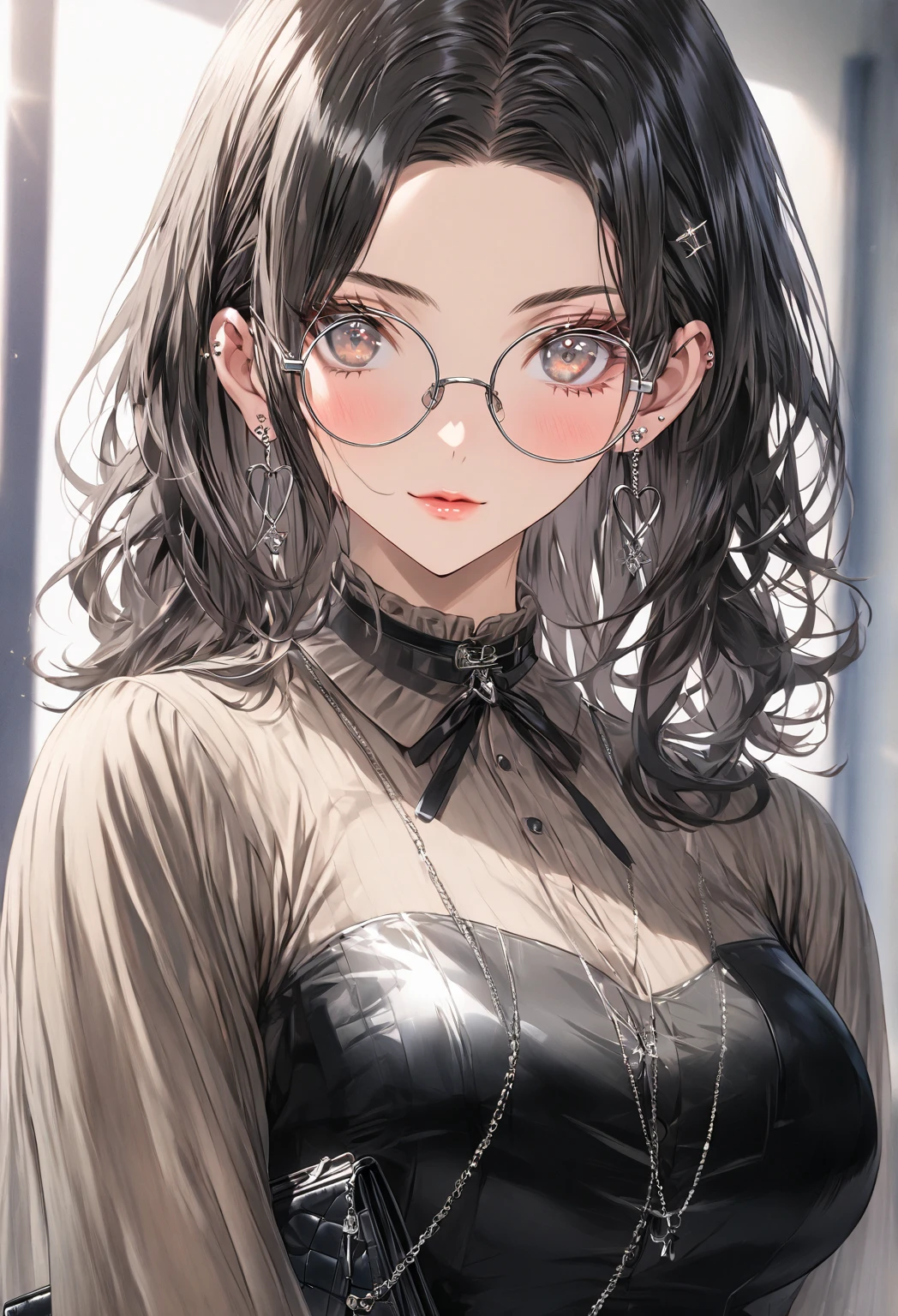 ((highest quality)), ((masterpiece)), (detailed), (front view), (one girl), sexy, shiny skin, glossy skin, height 168cm, bust 120cm, medium size breast, hourglass body, housewife, black hair parted bangs, A mother with warm eyes, Wearing round glasses, Looking at viewer with gentle eyes, Dressed in a fitted, tailored beige blouse with a structured collar, paired with a high-waisted charcoal gray pencil skirt. She wears classic pointed-toe heels in black leather and a tailored gray blazer. Accessories include a minimalist leather handbag, earrings, and a silver watch. The fabric is slightly translucent in the sunlight.