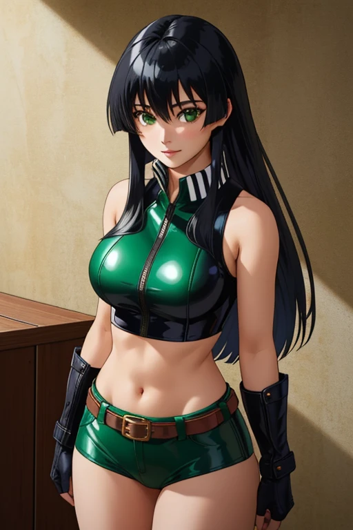 a strong, confident female character with long, layered black hair and a messy fringe. Her toned abdomen, Asian nationality, stylized and beautiful face, thin lips, Her green eyes, She is wearing a tight, sleeveless green leather top that accentuates her figure, green fingerless leather gloves, and a matching green belt. Her expression relaxing with a tender smile, with a soft and relaxed gaze. She stands with one hand resting on her head and the other on her hip