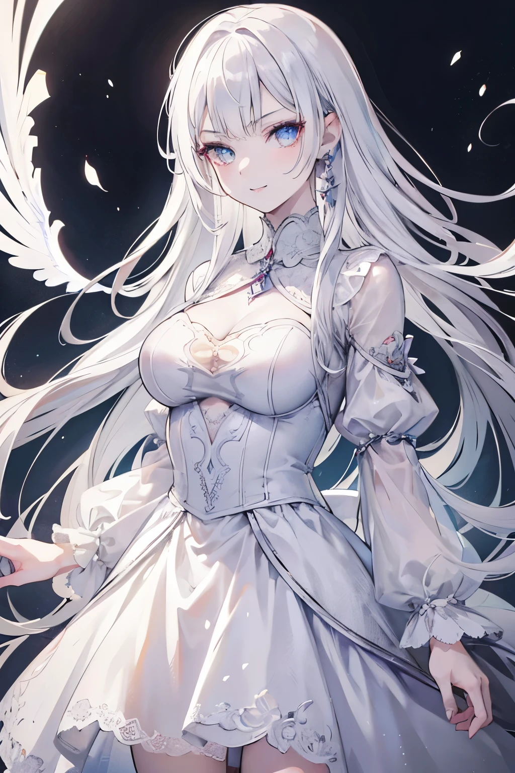 (masterpiece, best quality:1.2),1 girl, Upper body,Tail, large Tail, white hair, very long hair, curls, gray eyes, deTailed eyes, colorful hair, ring, bead necklace, animal ears, leopard ears, black cloak, white dress, Hip vents, pelvic curtain, gray stockings, Snowing, Snowing mountains, snowstorm, Volumetric lighting, subsurface scattering, light, chiaroscuro, Floating hair, Put your hands on your chest