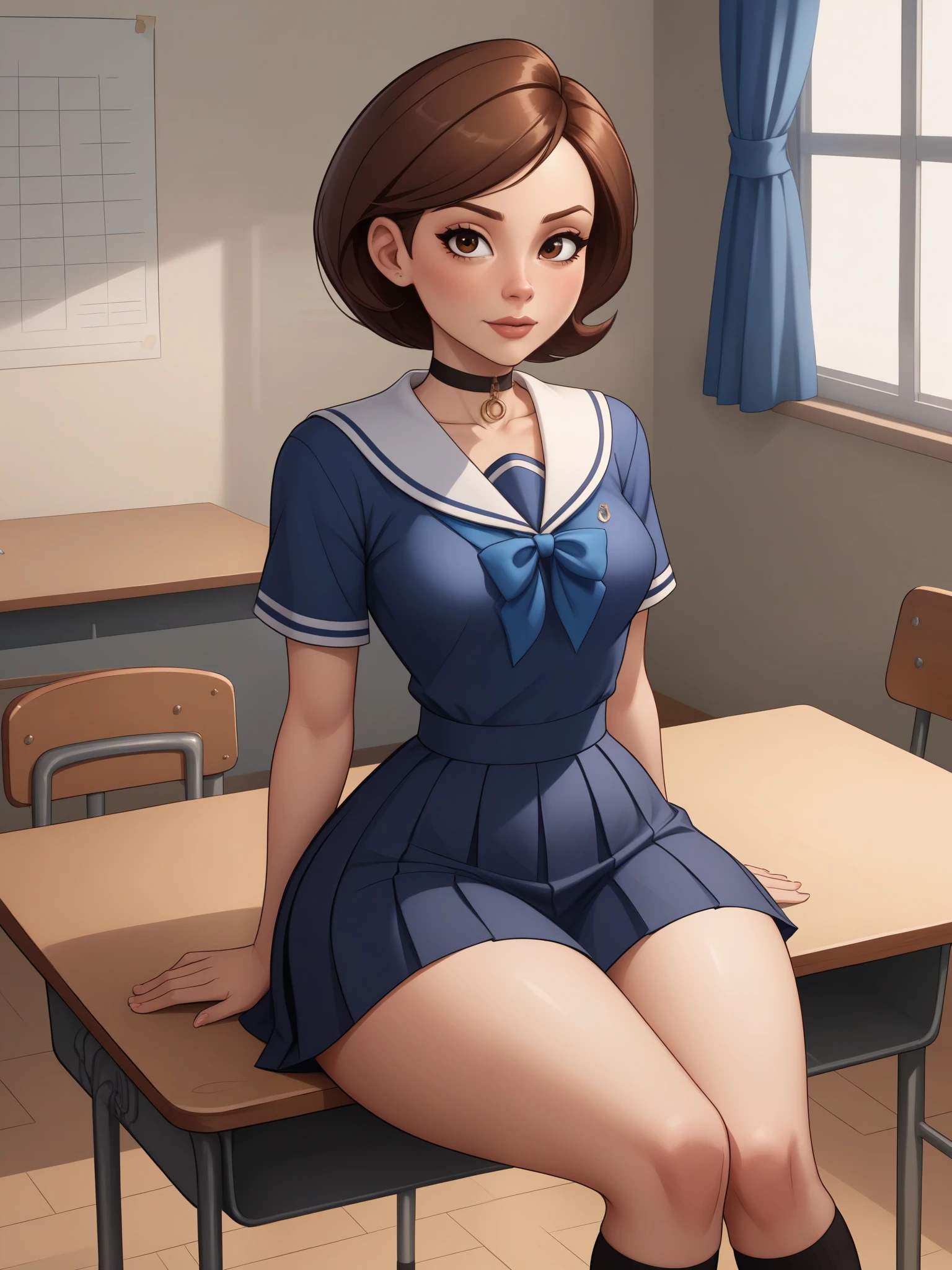 account_9, account_8_ex, account_7_ex, account_6_ex, account_5_ex, account_4_ex. Helen Parr. narrow waist. small saggy breasts. huge hips. brown hair. brown eyes. the middle square. choker. school uniform. school class. desk. sitting