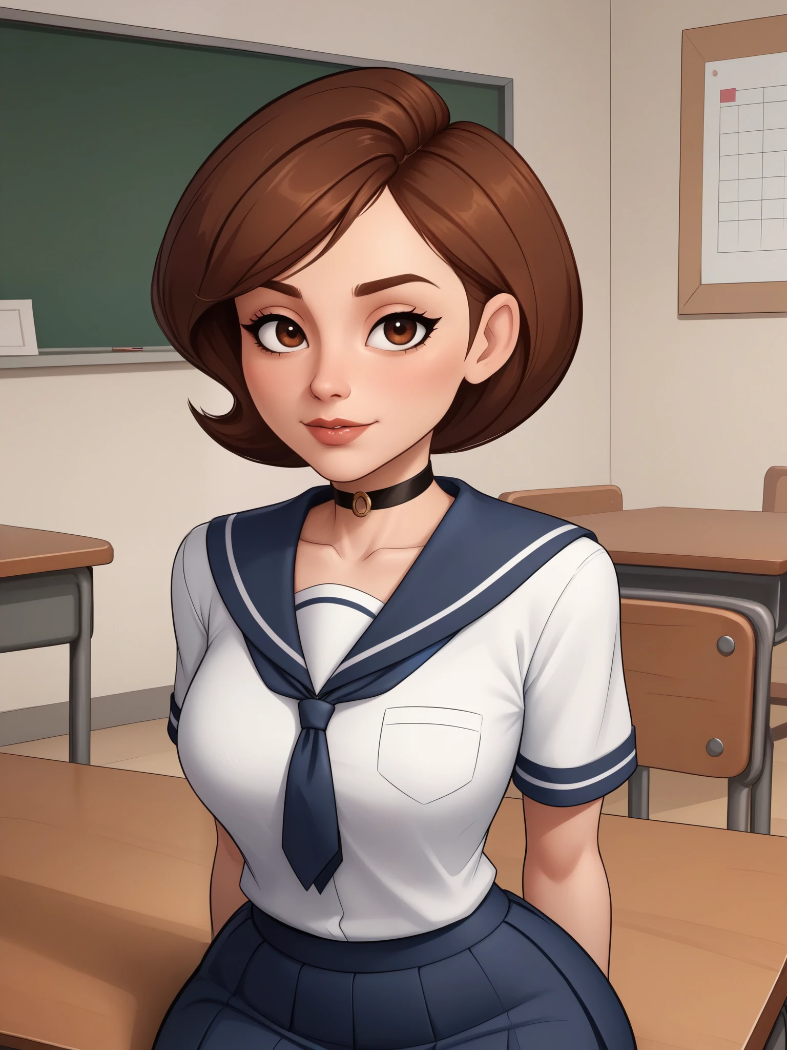 account_9, account_8_ex, account_7_ex, account_6_ex, account_5_ex, account_4_ex. Helen Parr. narrow waist. small saggy breasts. huge hips. brown hair. brown eyes. the middle square. choker. school uniform. school class. desk. sitting