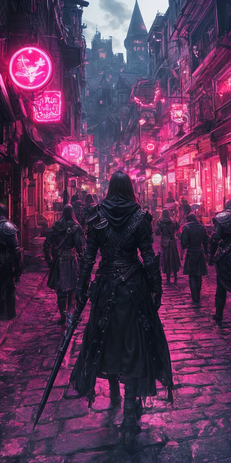 (best quality, photorealistic, ultra-detailed:1.2), a dnd style fantasy street with medieval style architecture of taverns and weaponsmiths and armory and potions shops and magical shops, but the aesthetics is cyberpunk with neon lit signs and vibrant facade of the future, elaborate details, photorealistic