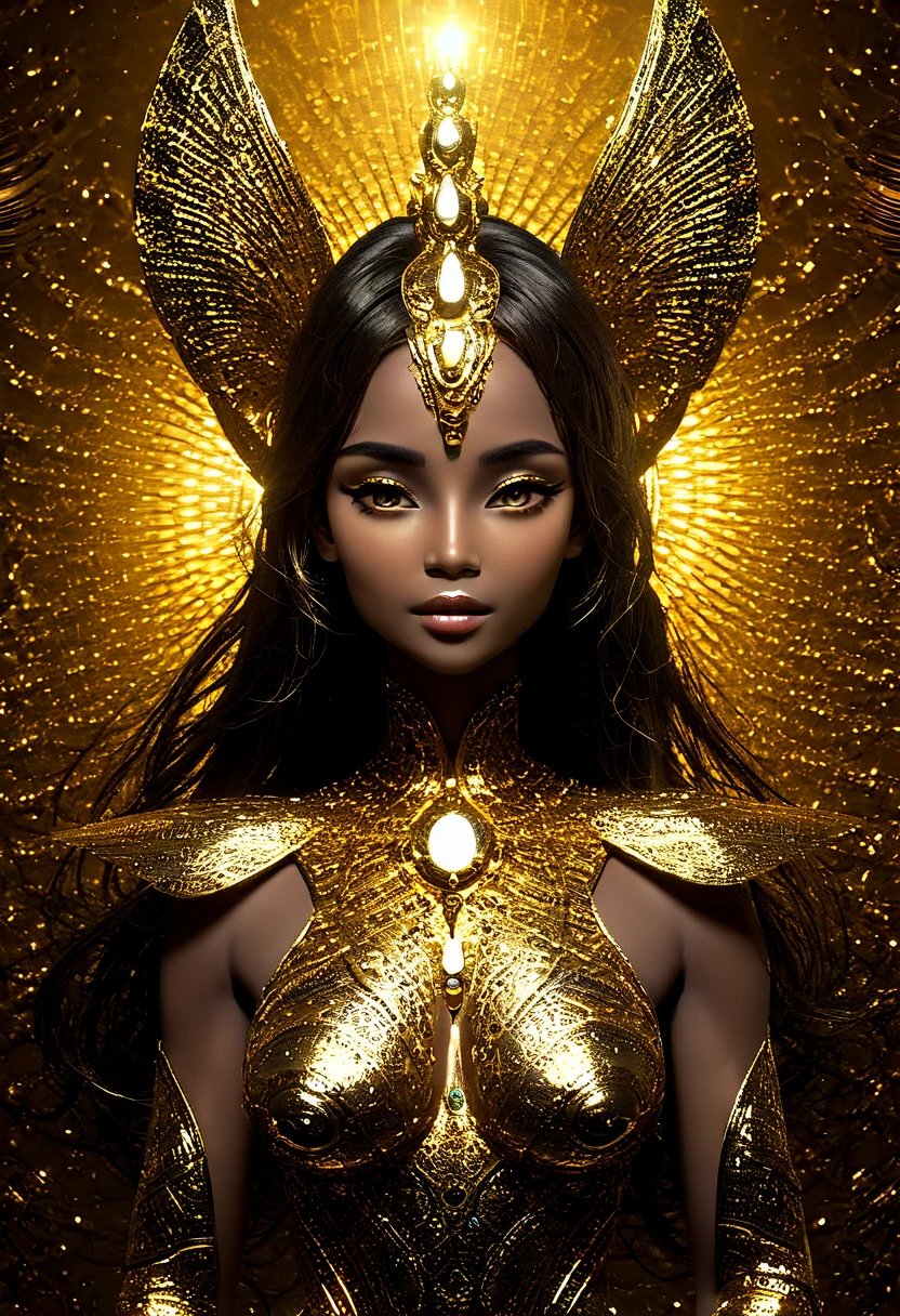 Generate a golden celestial woman with ((extremely perfect)) eyes and (((pure golden galaxy skin))). Her ((onyx golden) but (soft) face should be highly detailed and realistically shaded with puffy lips. (((Her face is important.))) Her wings are delicate but stunning, with many small fantasy details. This is a (((masterpiece))). Utilize dynamic composition and expressions to create a cinematic experience. Include glittering and delicate jewelry. The background of the image should be pure back, leaving the woman as the focal point of the image. ((dark celestialskin body, void cosmic body)), ornate, ((( golden background))), (((lights off))), (((hollywood golden))), horror, dramatic shadows, (in a golden fantasy space:1.3, glitter, sparkle, gleam), (EnergyVeins:1.4),glowing,magic particles,, 4k,8k,highres,masterpiece:1.2),ultra-detailed,(realistic,photorealistic,photo-realistic:1.37) 4k,8k,highres,masterpiece:1.2),ultra-detailed,