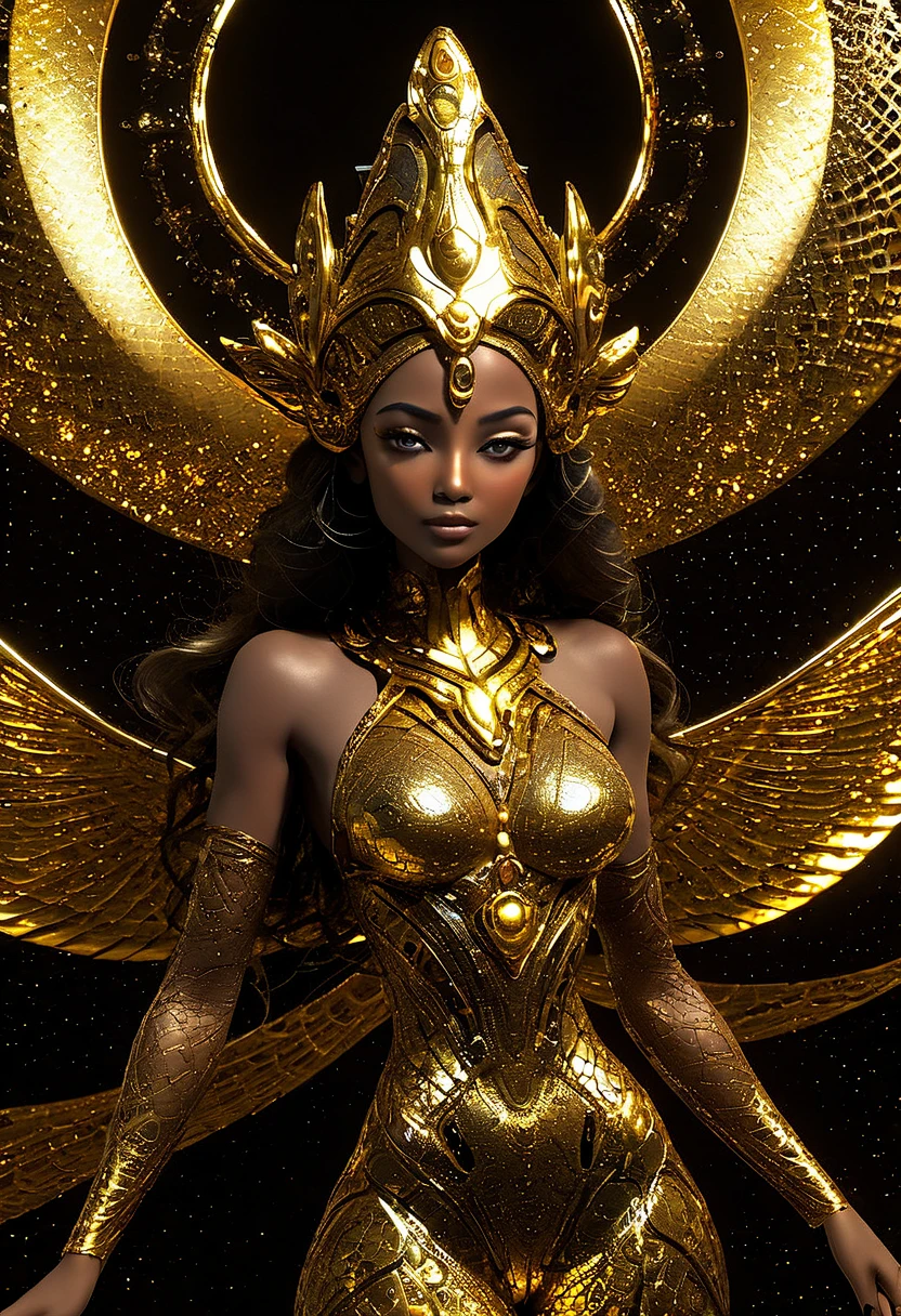 Generate a golden celestial woman with ((extremely perfect)) eyes and (((pure golden galaxy skin))). Her ((onyx golden) but (soft) face should be highly detailed and realistically shaded with puffy lips. (((Her face is important.))) Her wings are delicate but stunning, with many small fantasy details. This is a (((masterpiece))). Utilize dynamic composition and expressions to create a cinematic experience. Include glittering and delicate jewelry. The background of the image should be pure back, leaving the woman as the focal point of the image. ((dark celestialskin body, void cosmic body)), ornate, ((( golden background))), (((lights off))), (((hollywood golden))), horror, dramatic shadows, (in a golden fantasy space:1.3, glitter, sparkle, gleam), (EnergyVeins:1.4),glowing,magic particles,, 4k,8k,highres,masterpiece:1.2),ultra-detailed,(realistic,photorealistic,photo-realistic:1.37) 4k,8k,highres,masterpiece:1.2),ultra-detailed,