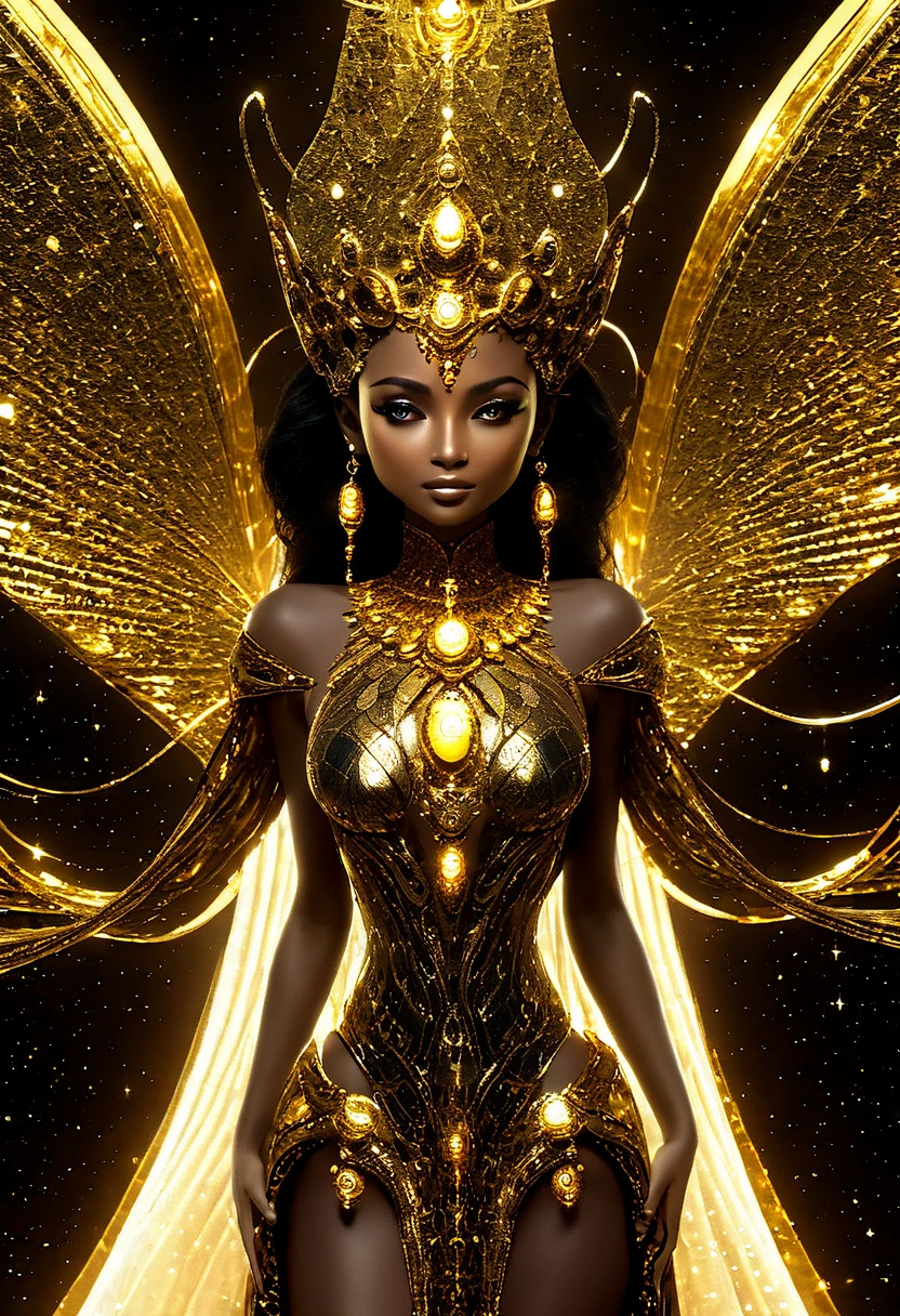 Generate a golden celestial woman with ((extremely perfect)) eyes and (((pure golden galaxy skin))). Her ((onyx golden) but (soft) face should be highly detailed and realistically shaded with puffy lips. (((Her face is important.))) Her wings are delicate but stunning, with many small fantasy details. This is a (((masterpiece))). Utilize dynamic composition and expressions to create a cinematic experience. Include glittering and delicate jewelry. The background of the image should be pure back, leaving the woman as the focal point of the image. ((dark celestialskin body, void cosmic body)), ornate, ((( golden background))), (((lights off))), (((hollywood golden))), horror, dramatic shadows, (in a golden fantasy space:1.3, glitter, sparkle, gleam), (EnergyVeins:1.4),glowing,magic particles,, 4k,8k,highres,masterpiece:1.2),ultra-detailed,(realistic,photorealistic,photo-realistic:1.37) 4k,8k,highres,masterpiece:1.2),ultra-detailed,