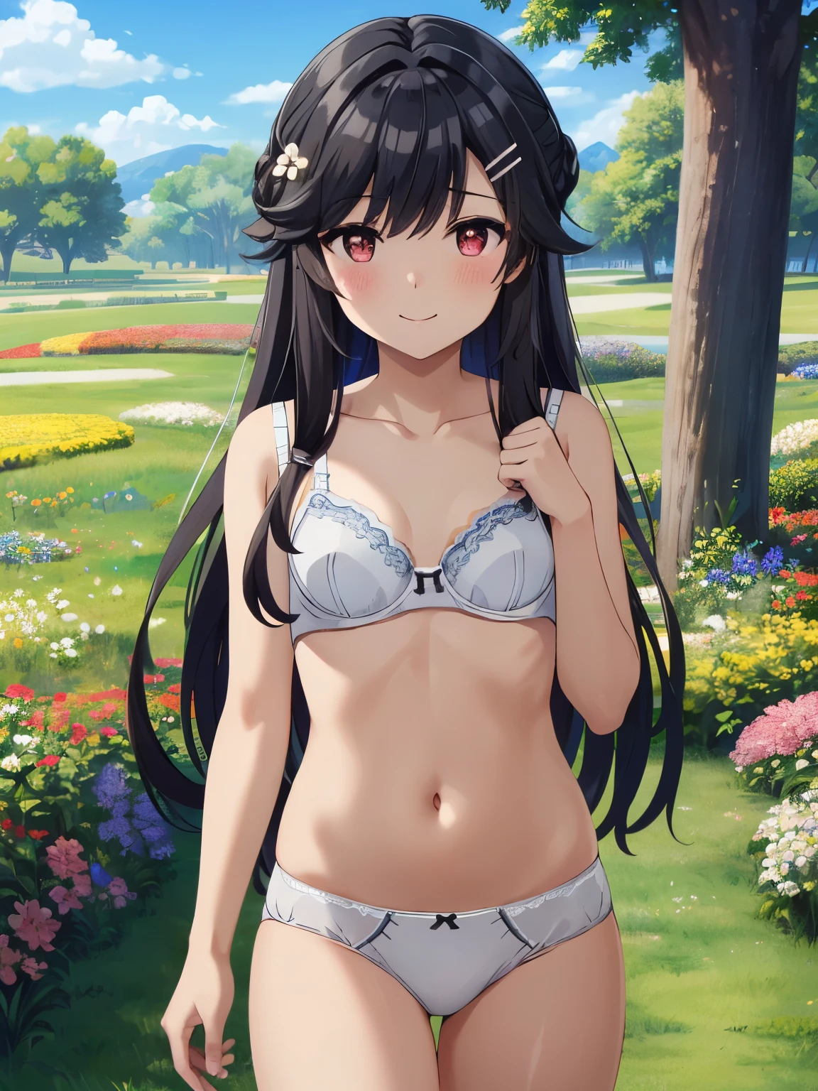 Super detailed、 Hi-Res、( animated illustration style:1.3)、garden、Beautiful flower-blooming grassland、slim、 long hair、whole、Small breasts、Hair accessories、 black hair、 long hair、 hair flower 、 hair clips、Red Eye、 Had、bangs、Hair between the eyebrows、 charming eyes 、(白色のunderwear、underwear:1.5), ( bras、underwear:1.2), exquisite visuals , Hi-Res,masterpiece,Best Quality, closed mouth、smile、blush、 cowboy shots、Photoshoot