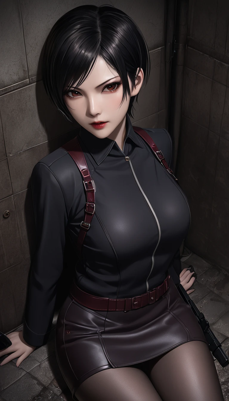 ((  Masterpiece  )), (familiar), precise, eyelash , (Resident Evil), (Ada wong), bare, ร่างbare, background, Sewer  , Short hair, Black hair, Brown eyes, Black pupil,  Medium Breasts ,  Black Tight Mini Skirt, Black long-sleeved jacket, Black bra, Sleep with legs spread