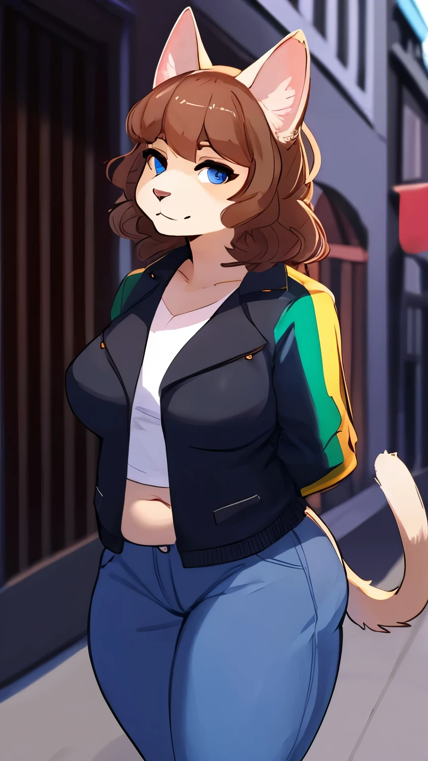 best quality,best resolution,(fluffy anthro furry :1.6),cat girl,dark brown shoulder length short hair,beige fur,pubic fur,neck fur,ultra detailed fur,white strapless,denim shorts,glasses,round gold necklace,looking at viewer,sex desire face,smile,heavy breath,blush,upper body only,metropolis public street,among crowd,back view,sexy pose,low angle