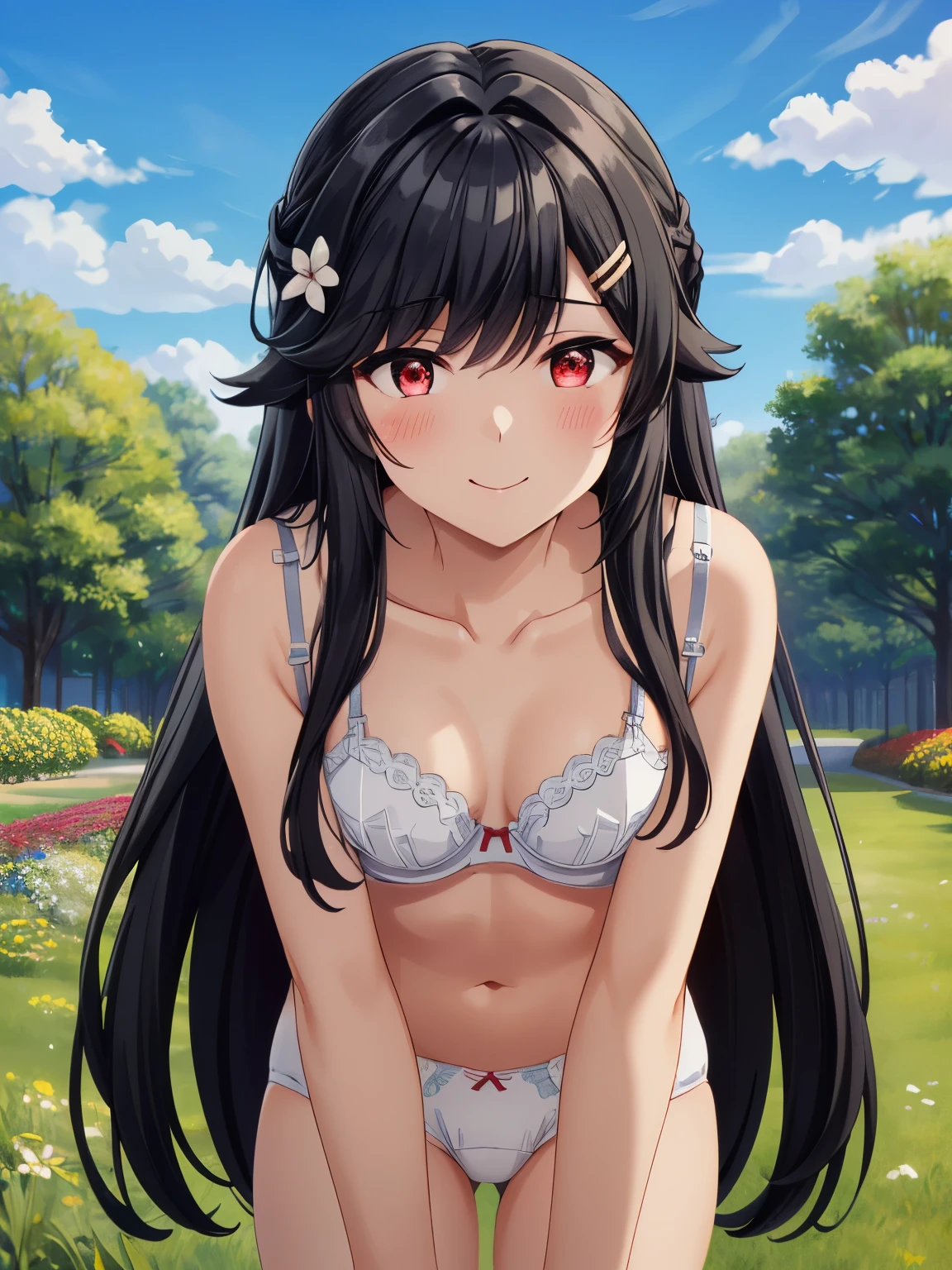 Super detailed、 Hi-Res、( animated illustration style:1.5)、garden、Beautiful flower-blooming grassland、slim、 long hair、whole、Small breasts、Hair accessories、 black hair、 long hair、 hair flower 、 hair clips、Red Eye、 Had、bangs、Hair between the eyebrows、 charming eyes 、(白色のunderwear、underwear:1.5), ( bras、underwear:1.2), exquisite visuals , Hi-Res,masterpiece,Best Quality, closed mouth、smile、blush、 cowboy shots, slouching forward