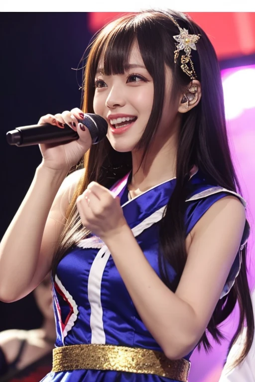 RAW photo, (closeup:1.2), portrait photo of teen Japanese woman, blue & silver idol costume, on idol stage, holding microphone, natural skin, energetic pose 8k uhd, high quality, film grain, Fujifilm XT3