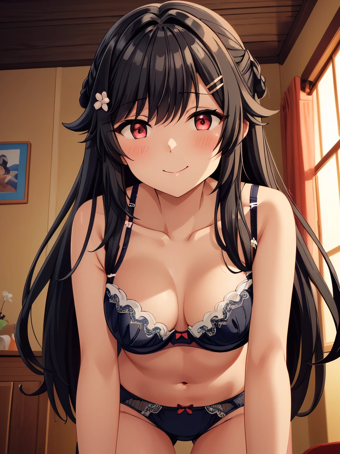 Super detailed、 Hi-Res、( animated illustration style:1.5)、indoor、bet、slim、 long hair、whole、Small breasts、Hair accessories、 black hair、 long hair、 hair flower 、 hair clips、Red Eye、 Had、bangs、Hair between the eyebrows、 charming eyes 、(白色のunderwear、underwear:1.5), ( bras、underwear:1.2), exquisite visuals , Hi-Res,masterpiece,Best Quality, closed mouth、smile、blush、 cowboy shots, slouching forward