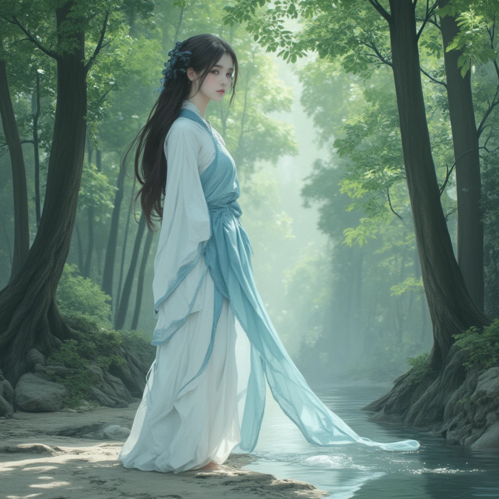 A graceful woman standing by the water’s edge, dressed in traditional attire that flows elegantly around her. Her garments are composed of light, layered robes in shades of pale blue and white, resembling an ethereal, almost watercolor-like palette. The robes are long and flowing, with fabric trailing gently in the shallow water, creating delicate ripples. The scene is set in a serene forest, where tall trees with lush leaves surround the narrow path she stands on. The lighting is soft and diffused, filtered through the dense leaves above, casting a gentle glow over the scene and giving it a peaceful and dreamlike quality. The woman's expression is calm and introspective, her head turned slightly to the side as if lost in thought, and her long dark hair cascades freely down her back.

The atmosphere is tranquil, evoking a sense of timelessness, as though this moment exists outside of the busy world. The natural environment around her is depicted in soft greens and grays, providing a serene backdrop that contrasts subtly with her graceful presence. The scene conveys a sense of solitude, stillness, and connection with nature, emphasizing the harmony between the woman and her surroundings. The style is reminiscent of classical East Asian ink wash paintings, with delicate strokes and a focus on fluid movement. The prompt aims to evoke a soft, ethereal feeling, capturing the delicate interaction between the woman and the water, as well as the serene beauty of her surroundings.