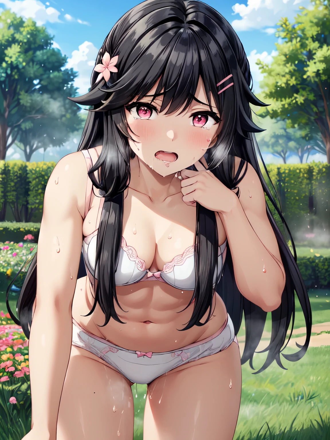 Super detailed、 Hi-Res、( animated illustration style:1.3)、garden、Beautiful flower-blooming grassland、slim、 long hair、whole、Small breasts、Hair accessories、 black hair、 long hair、 hair flower 、 hair clips、Red Eye、 Had、bangs、Hair between the eyebrows、 photo taken from the front ,  one girl ,  beautiful hair, Charming eyes ,  charming eyes 、( white underwear、Pink underwear:1.5), (White Bread,Bras and underwear),(  female orgasm),(Pussy juice:1.1),(Moaning,Heavy breathing, blush:1. 6),(impatience:1.2),(Hurry ),(fidgety:1.3),( steam :1.3),(Sweat muscle:1.4),(Tears flowing、 drool :1.2) ( real, Genuine, フォト real：1.5 ),  beautiful thighs in books, ( slouching forward:1.5)