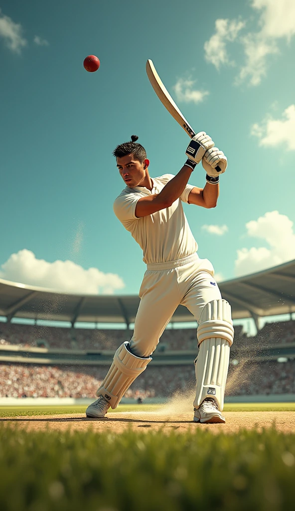 A teenager boy playing cricket in stadium 
