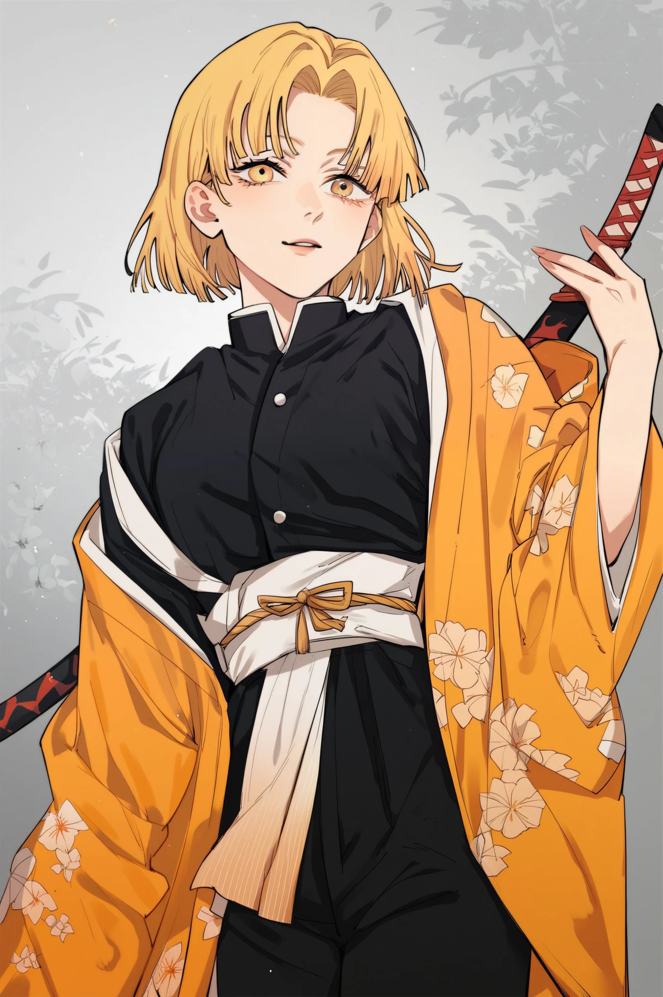 score_9, score_8_up, score_7_up, score_6_up, masterpiece, best quality, genderbent Zenitsu, 1girl, blonde hair with orange tips, hime cut, parted bangs, black shirt, black pants, white belt, open kimono, yellow kimono, white triangle design on kimono, thin Katana, sheathed, demon slayer outfit, demon slayer artstyle, lovely,