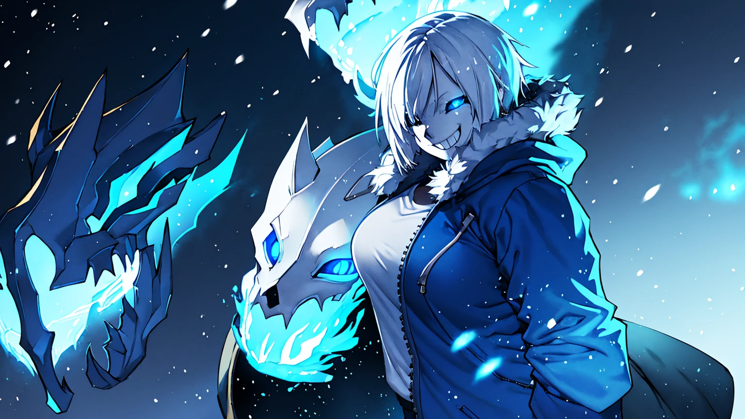 Toby Fox Undertale Sans blue jacket white shirt,Fire eyes skull smile white short hair glowing sexy eyelashes dragon skull cannon one standing in the snow town Femininefull big breast breast enlargement full-body shot