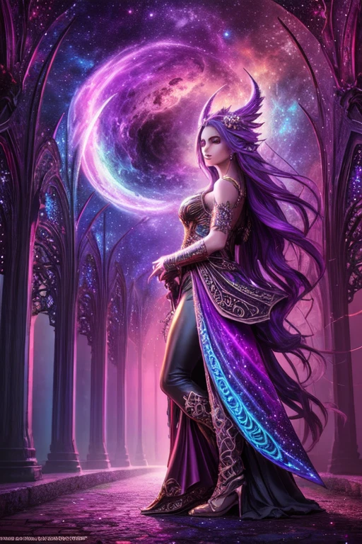 An ethereal being with burgundy hair and violet eyes,adorned with intricate tattoos,gazes to her right. She emanates an otherworldly essence,surrounded by a celestial backdrop with swirling galaxies,creating a cosmic and enchanting atmosphere in this digital art. Her ears are pointed and furry,and a long silver tail sways behind her. She is a descendant of the ancient wolf clan,gifted with the power of the moon and the stars.