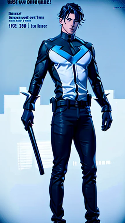 (Best Quality), (Best Quality), (Best Quality), (Overall view) Beautiful young young man 18 years old with a cool and handsome face, nightwing costume,  Height: 190cm,Slender Man, Height: 190cm, Long Hair,  long bangs ,