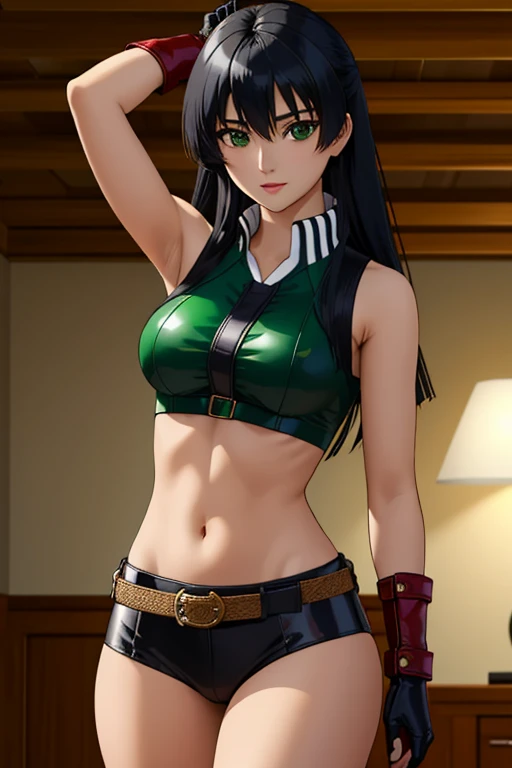 a strong, confident female character with long, layered black hair and a messy fringe. Her toned abdomen, Asian nationality, stylized and beautiful face, thin lips, Her green eyes, She is wearing a tight, sleeveless green leather top that accentuates her figure, green fingerless leather gloves, and a matching green belt. Her expression relaxing with a tender smile, with a soft and relaxed gaze. She stands with one hand resting on her head and the other on her hip, She holds in her right hand a katana with green runes engraved on its blade.