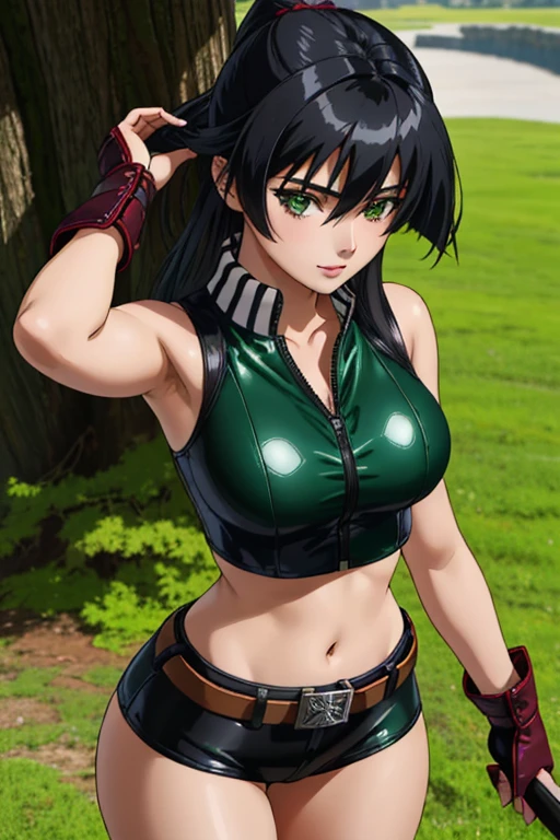 a strong, confident female character with long, layered black hair and a messy fringe. Her toned abdomen, Asian nationality, stylized and beautiful face, thin lips, Her green eyes, She is wearing a tight, sleeveless green leather top that accentuates her figure, green fingerless leather gloves, and a matching green belt. Her expression relaxing with a tender smile, with a soft and relaxed gaze. She stands with one hand resting on her head and the other on her hip, She holds in her right hand a katana with green runes engraved on its blade.