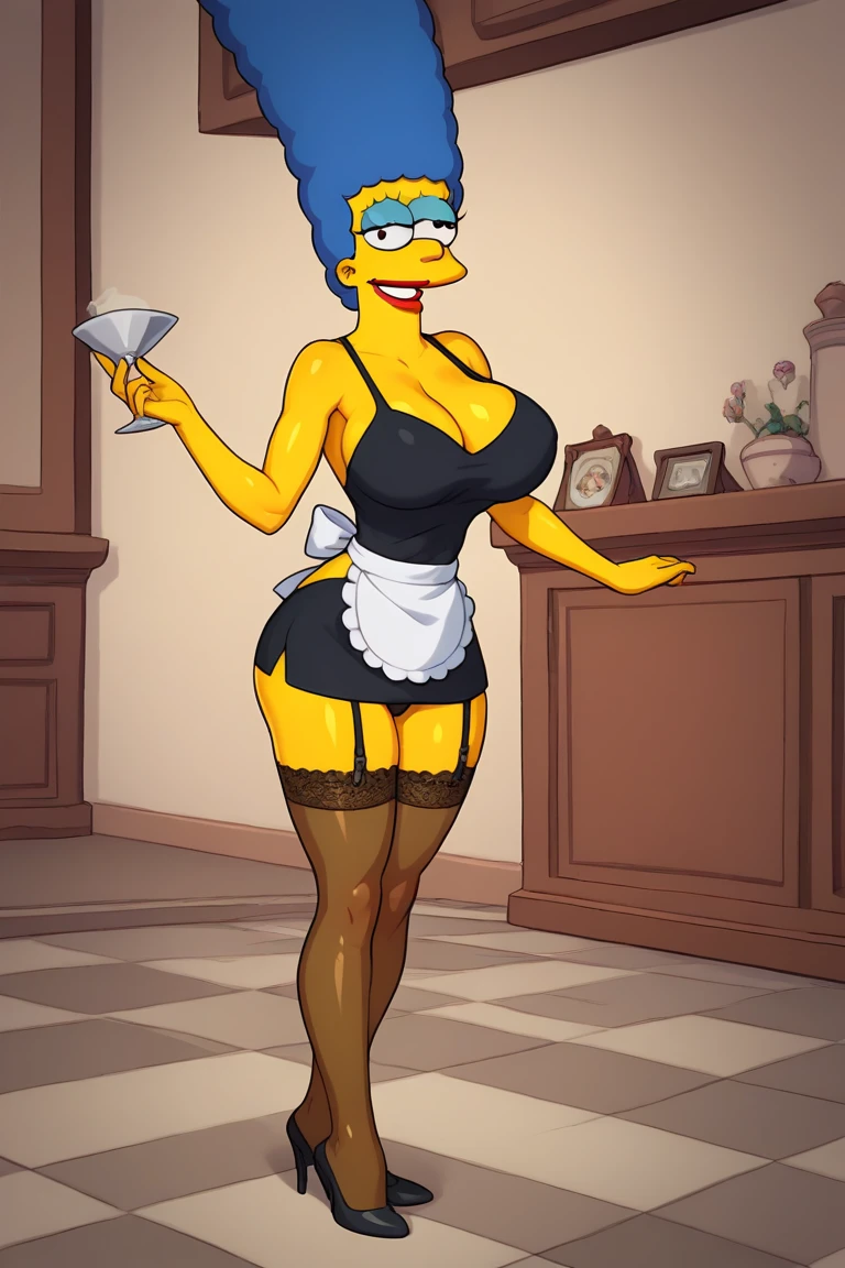 Marge Simpson very beautiful smiling with super sexy body ((big )) blue hair, hourglass figure, huge breasts, wide hips, narrow waist, seductive, toned skin, blue eyeshadow, sexy red lips, glowing skin, oiled skin,  NSFW,  "A French maid wearing a tight, short black dress with white lace ruffles, a decorative mini apron, and a lace headband. The maid wears high heels and thigh-high lace stockings, held up with garters and a black thong. The scene takes place in an elegant living room of an old mansion, with refined furniture and decorative details that add an air of sophistication and seduction to the setting, highlighting the provocative and playful aesthetic of the uniform."