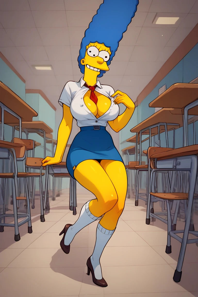 Marge Simpson very beautiful smiling with a super sexy body ((big breasts)) with A schoolgirl in a flirty uniform, including a micro short plaid skirt, a tight white button-down blouse with a couple of buttons undone, and a tie or bow around her neck. She wears knee-high socks and low-heeled loafer-style shoes. The scene is set in a classroom or school hallway, with a focus on highlighting the youthful and provocative aesthetic of the outfit, while keeping the style edgy yet suggestive.