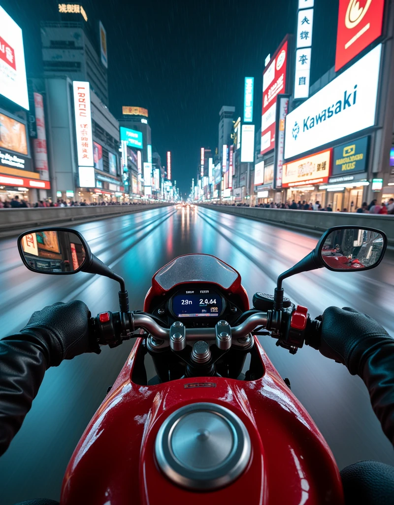  view from the driver's eye ,  sitting on a Kawasaki Z 1000SX , motorcycle we see our hands in a motorcycle suit and gloves holding the steering wheel ,( view from the driver's eye  мотоцикла, x} we are driving fast along the highway in Tokyo's incredible neon bright night,fast track , light rain , reflections of light in puddles , incredible signs and lights , dark red motorcycle , driving with the headlight on ,photorealism